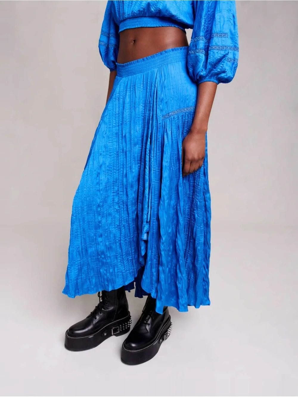 Maje Satin Effect Pleated Blue Midi Skirt